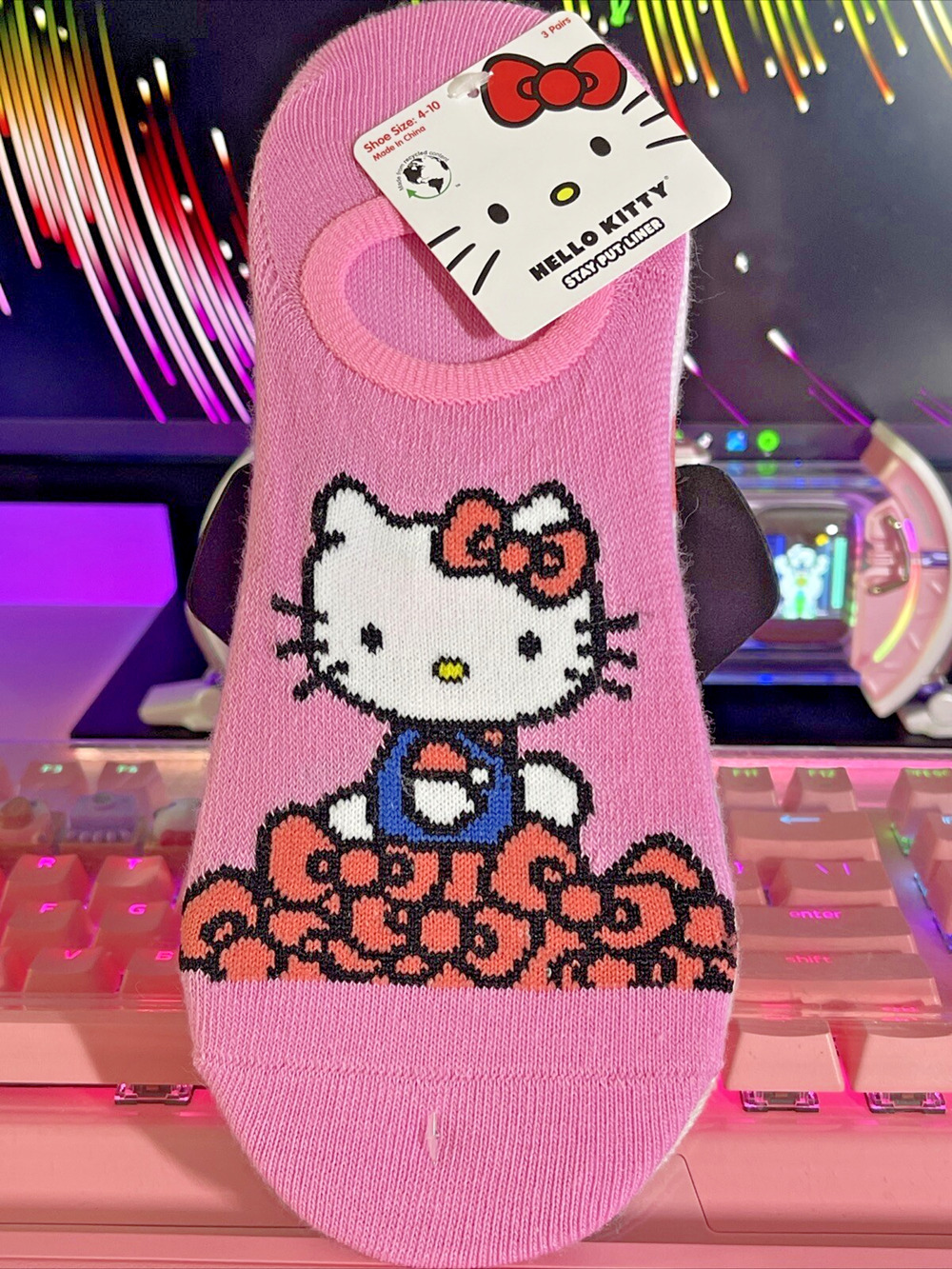 Hello Kitty Liners Socks 3 Pack Pair Stay Put Pink Bows White Gray 2024 Sanrio